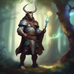 A Dungeons & Dragons inspired centaur cleric standing in an enchanted forest