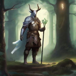 A Dungeons & Dragons inspired centaur cleric standing in an enchanted forest