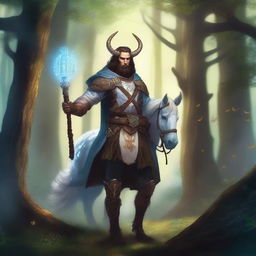 A Dungeons & Dragons inspired centaur cleric standing in an enchanted forest