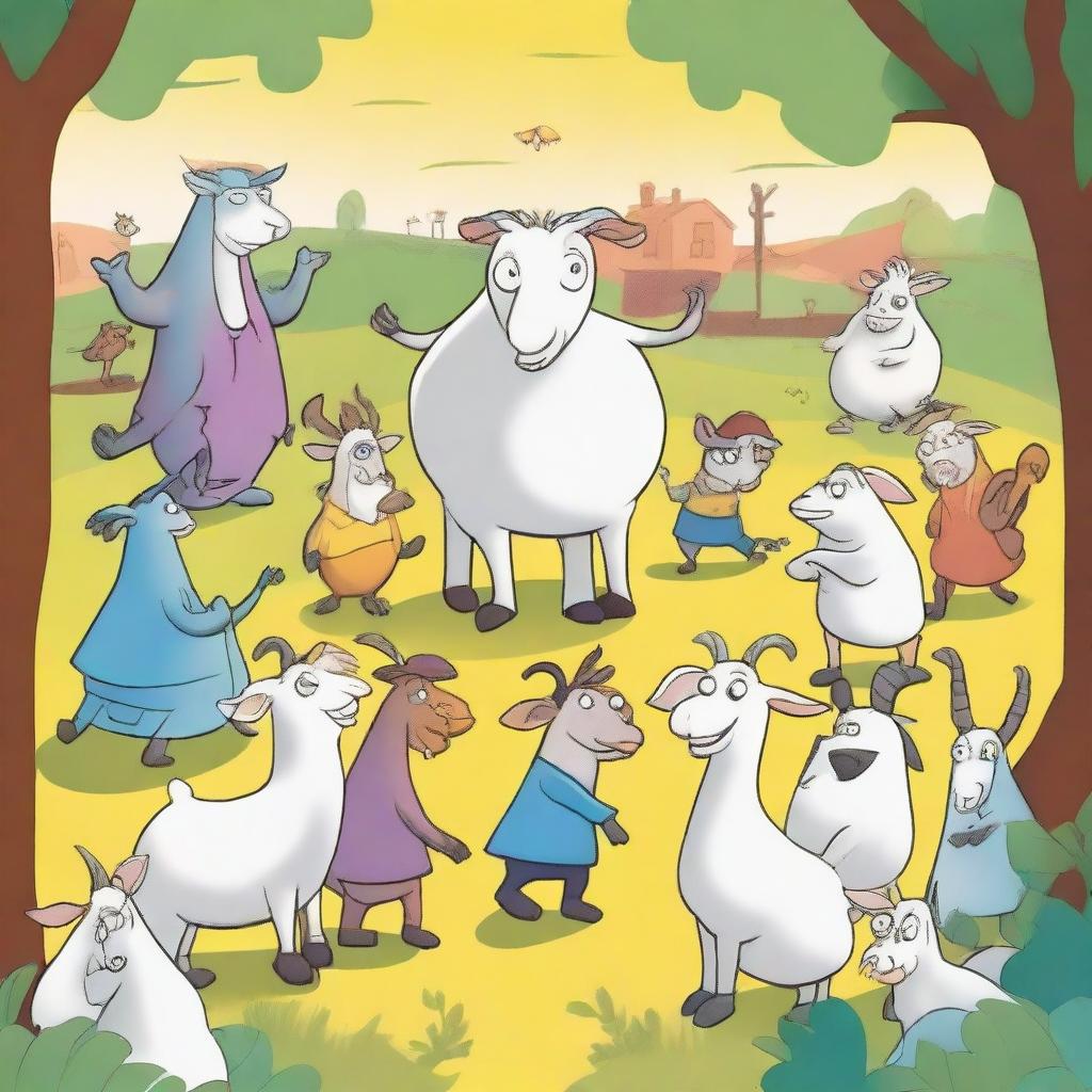 A whimsical scene featuring Pilgor the goat meeting a group of Minions and other goats, including a smaller goat named Pilgor Junior