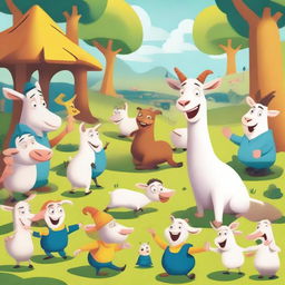 A whimsical scene featuring Pilgor the goat meeting a group of Minions and other goats, including a smaller goat named Pilgor Junior