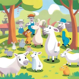 A whimsical scene featuring Pilgor the goat meeting a group of Minions and other goats, including a smaller goat named Pilgor Junior