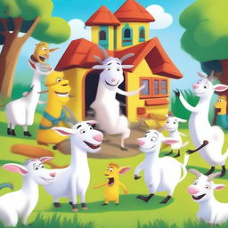 A whimsical scene featuring Pilgor the goat meeting a group of Minions and other goats, including a smaller goat named Pilgor Junior