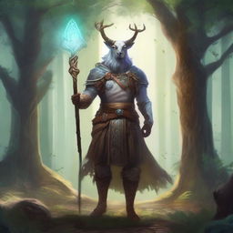 A Dungeons & Dragons inspired centaur cleric standing in an enchanted forest