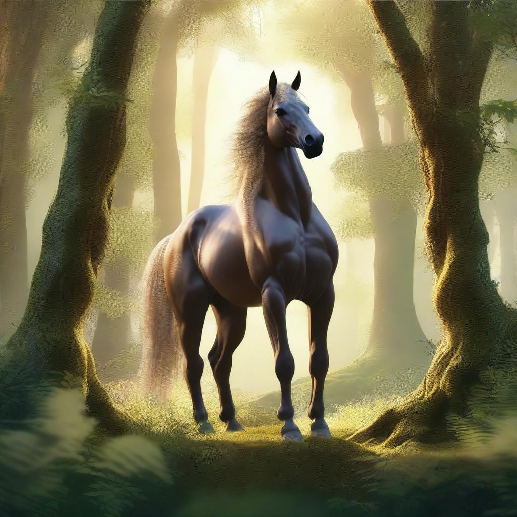 A majestic centaur standing in a lush, enchanted forest