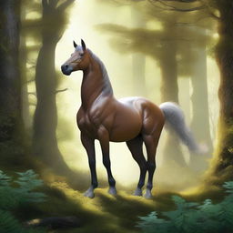 A majestic centaur standing in a lush, enchanted forest