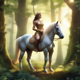 A majestic centaur standing in a lush, enchanted forest