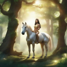 A majestic centaur standing in a lush, enchanted forest