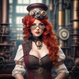 A beautiful, red-haired steampunk girl with a confident and alluring pose