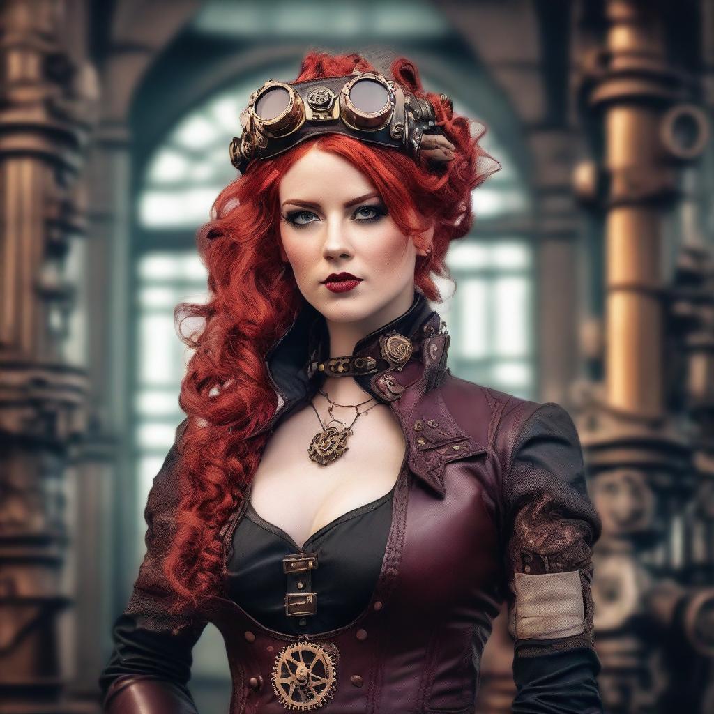 A beautiful, red-haired steampunk girl with a confident and alluring pose