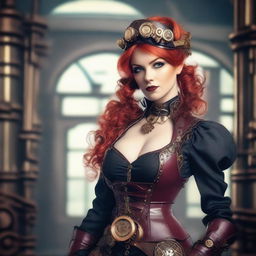 A beautiful, red-haired steampunk girl with a confident and alluring pose