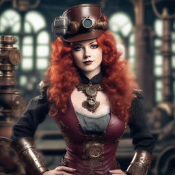 A beautiful, red-haired steampunk girl with a confident and alluring pose