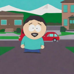 A scene from South Park featuring a car and a human character named Mylo