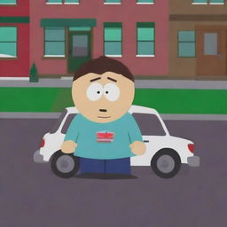 A scene from South Park featuring a car and a human character named Mylo