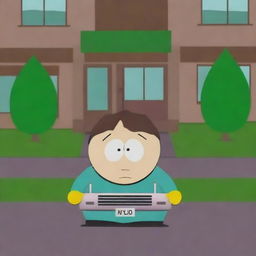 A scene from South Park featuring a car and a human character named Mylo