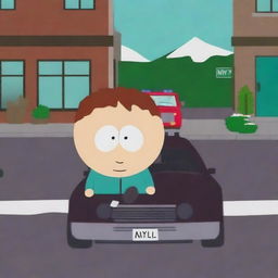 A scene from South Park featuring a car and a human character named Mylo