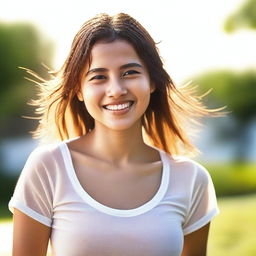 A pretty girl with a wet shirt smiling warmly