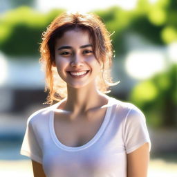 A pretty girl with a wet shirt smiling warmly