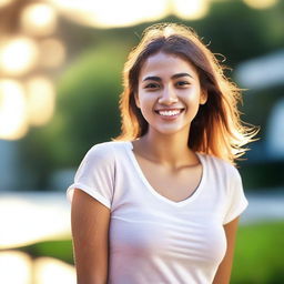 A pretty girl with a wet shirt smiling warmly