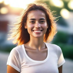 A pretty girl with a wet shirt smiling warmly