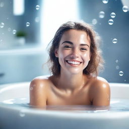 A pretty girl with a wet shirt smiling while sitting in a bath