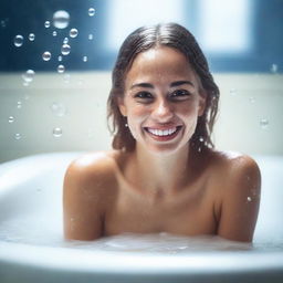 A pretty girl with a wet shirt smiling while sitting in a bath