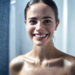 A pretty girl wearing a wet, transparent shirt, smiling while standing in a shower