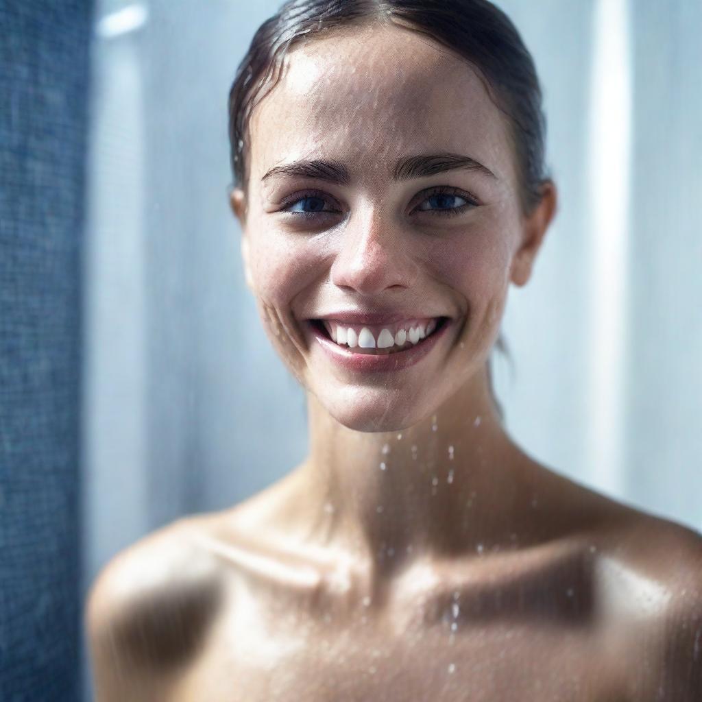 A pretty girl wearing a wet, transparent shirt, smiling while standing in a shower