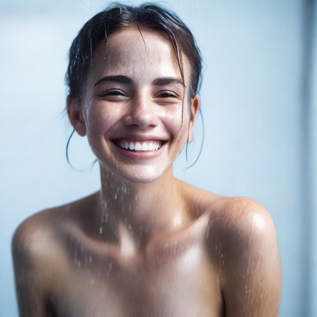 A pretty girl wearing a wet, transparent shirt, smiling while standing in a shower