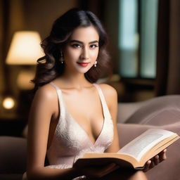 A beautiful woman with an alluring presence, sitting comfortably and reading a book