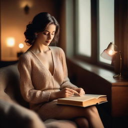 A beautiful woman with an alluring presence, sitting comfortably and reading a book