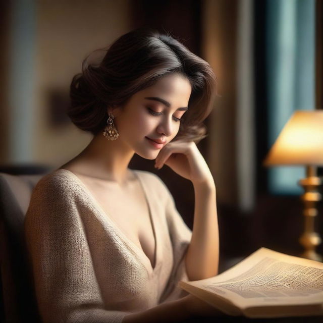 A beautiful woman with an alluring presence, sitting comfortably and reading a book