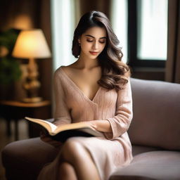 A beautiful woman with an alluring presence, sitting comfortably and reading a book