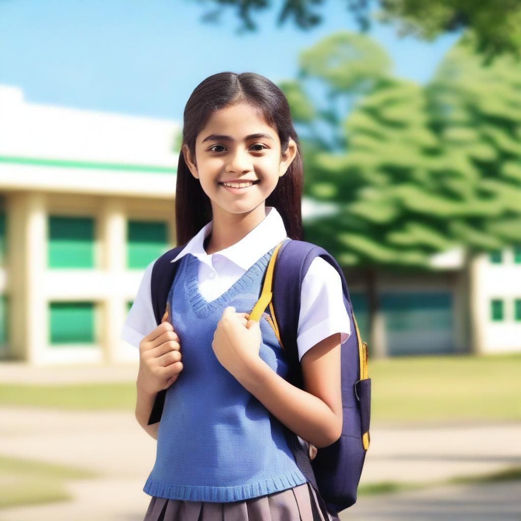 A school girl in a typical school uniform, standing in front of a school building