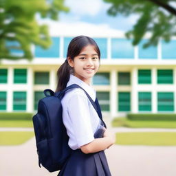 A school girl in a typical school uniform, standing in front of a school building