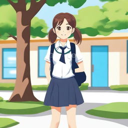 A school girl in a typical school uniform, standing in front of a school building