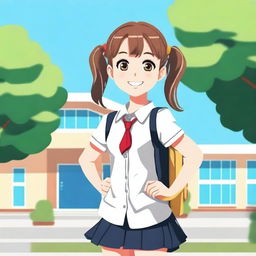 A school girl in a typical school uniform, standing in front of a school building