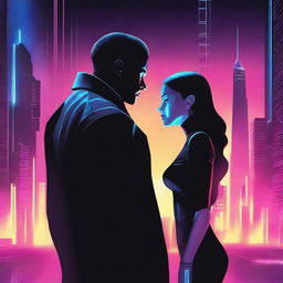 A sci-fi book cover featuring a man and a woman in profile, both dressed in black, facing each other