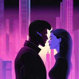 A sci-fi book cover featuring a man and a woman in profile, both dressed in black, facing each other