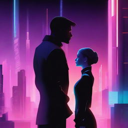 A sci-fi book cover featuring a man and a woman in profile, both dressed in black, facing each other