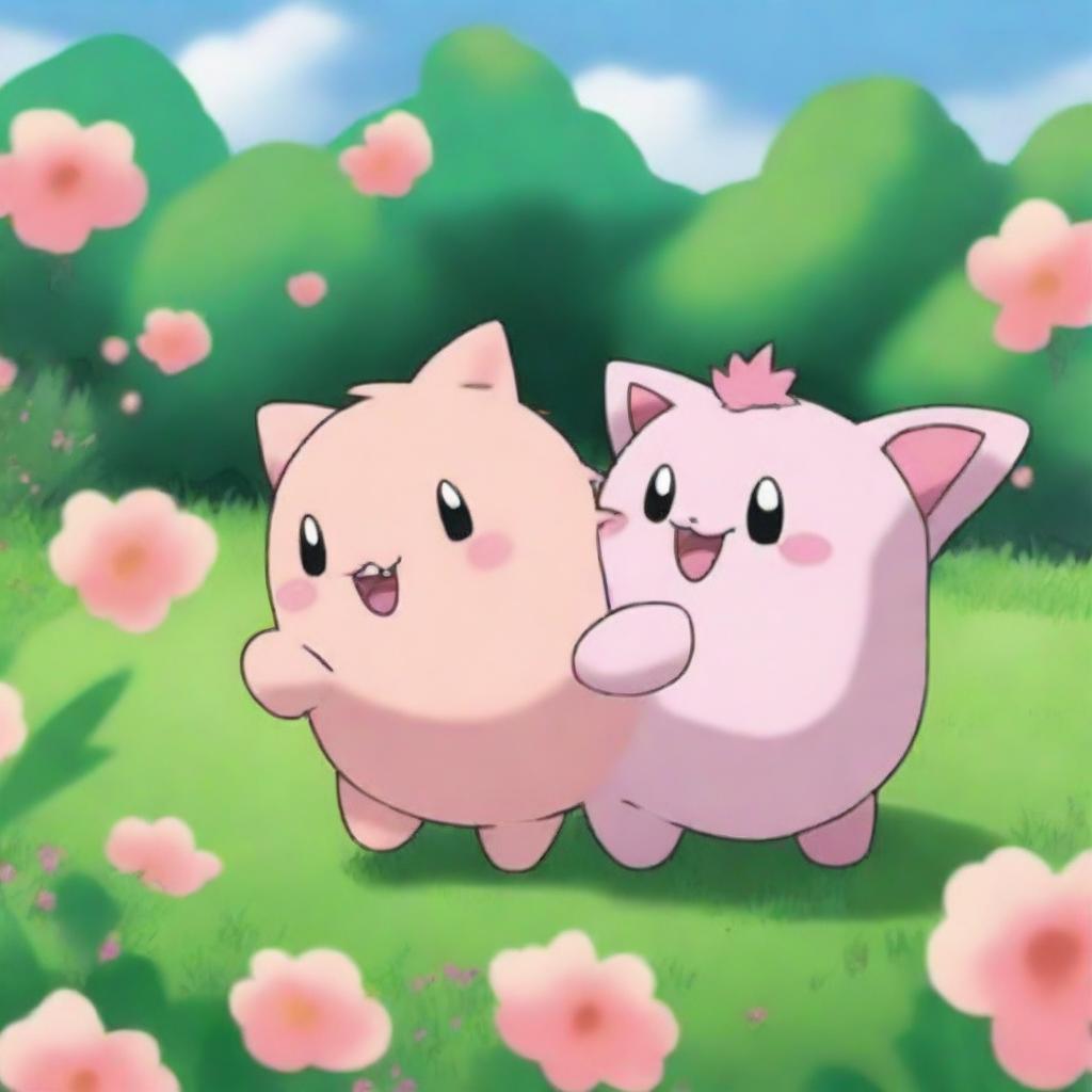 A Clefairy playing with a Growlithe in a lush, green meadow