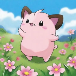 A Clefairy playing with a Growlithe in a lush, green meadow