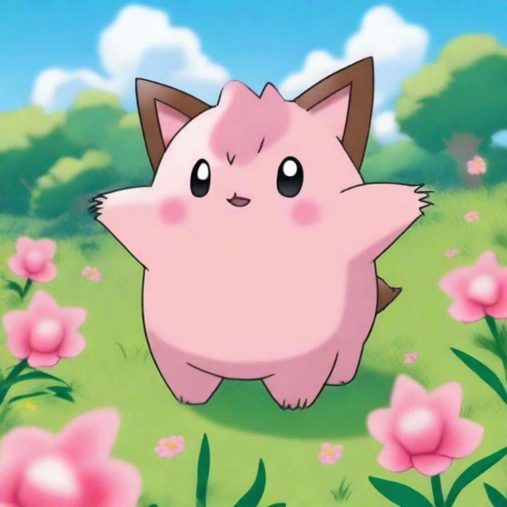 A Clefairy playing with a Growlithe in a lush, green meadow