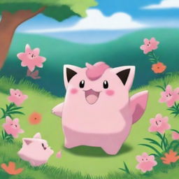 A Clefairy playing with a Growlithe in a lush, green meadow