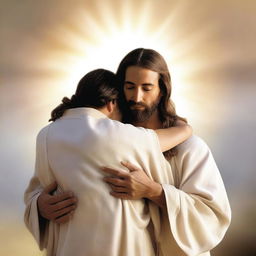 A heartwarming scene of Jesus hugging a person