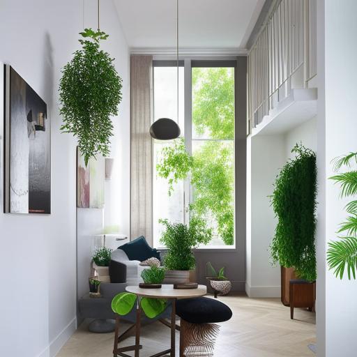 A well-lit, spacious, and modern interior design layout with a blend of neutral tones and vibrant accents, encompassing comfortable furniture, aesthetically pleasing decor, and strategically placed houseplants for a warm, inviting atmosphere.