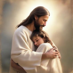 A heartwarming scene of Jesus hugging a person