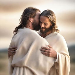 A heartwarming scene of Jesus hugging a person