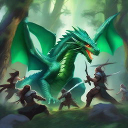 A battle scene featuring an emerald dragon fighting against a group of adventurers