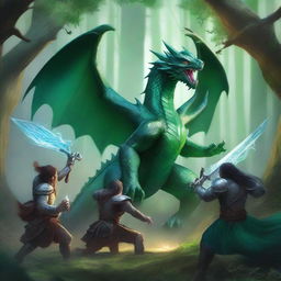 A battle scene featuring an emerald dragon fighting against a group of adventurers